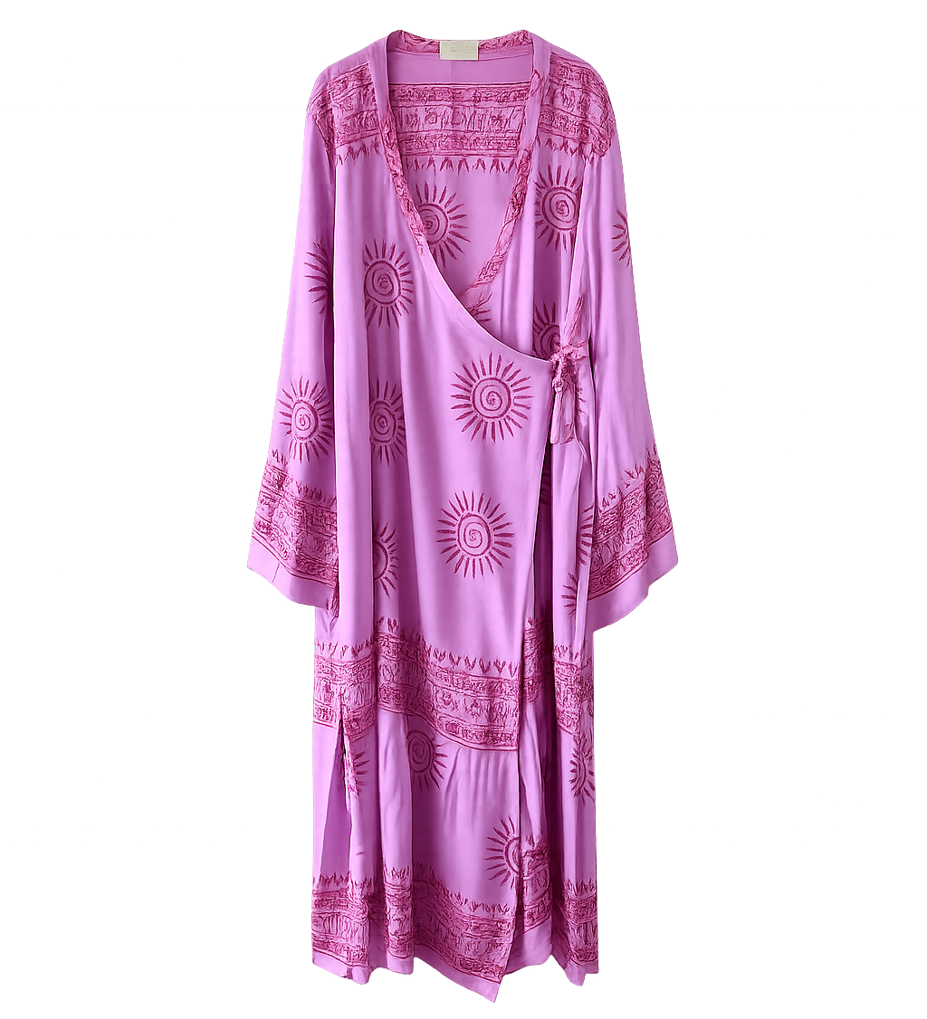 Pembe el blok baskı desenli uzun kollu kimono, doğal boyalarla üretilmiş, Hindistan geleneksel zanaatları