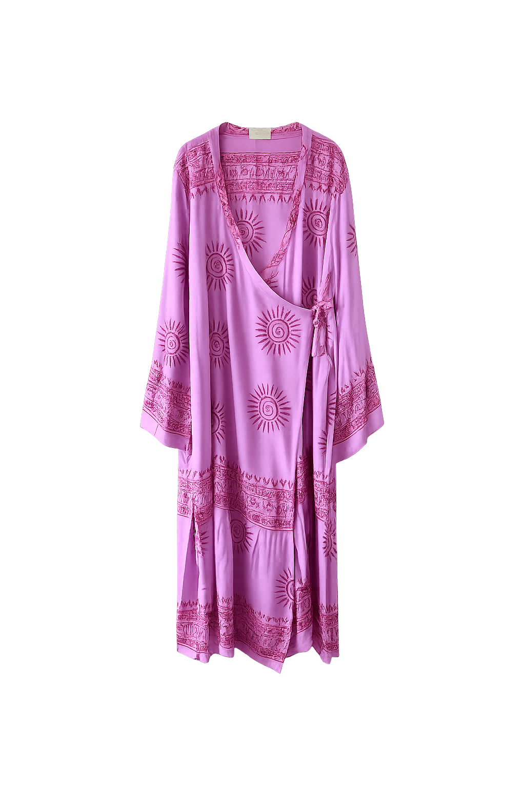 Pembe el blok baskı desenli uzun kollu kimono, doğal boyalarla üretilmiş, Hindistan geleneksel zanaatları