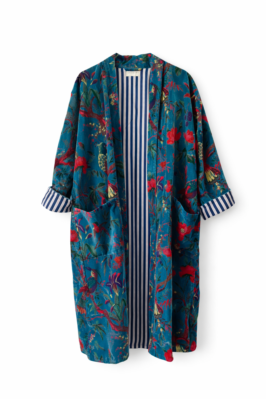 Mavi zeminli çiçekli el blok baskı kimono, doğal boyalı ve sürdürülebilir tasarım