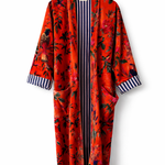Kırmızı çiçekli kuş desenli el blok baskı kimono, doğal boyalarla üretilmiş