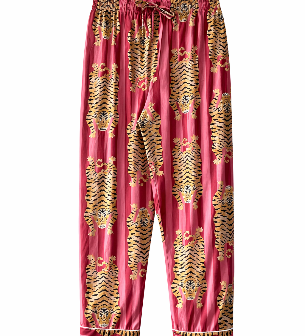 Pembe zemin üzerine kaplan desenli el blok baskı pijama pantolonu