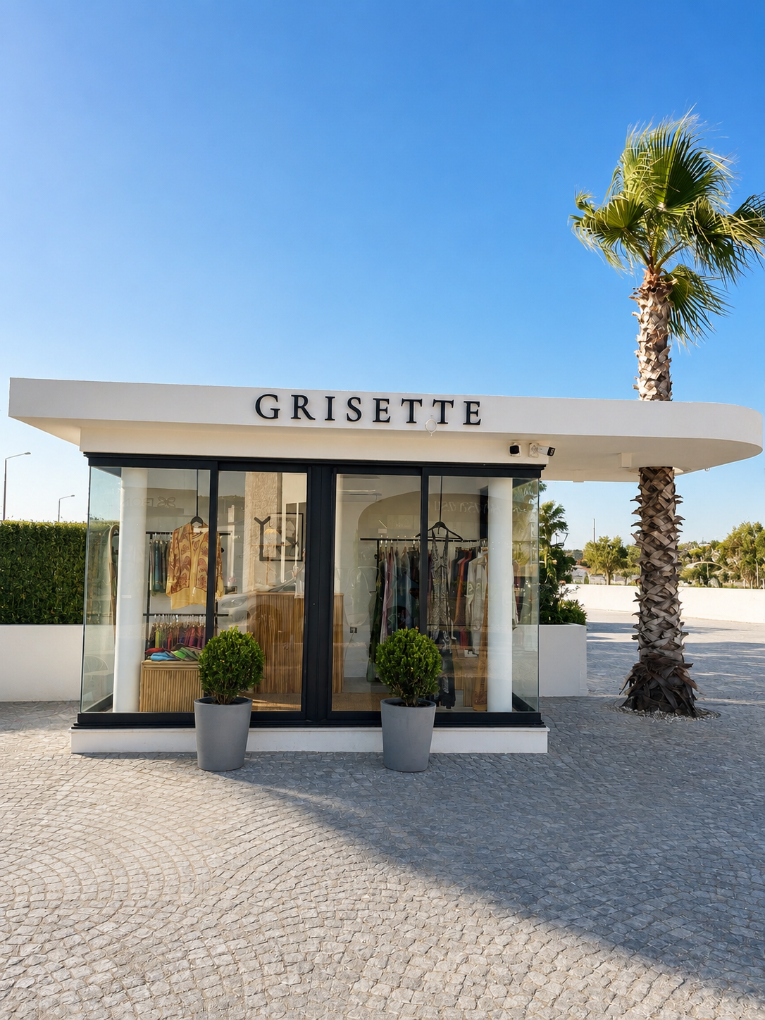 Grisette mağazası, geleneksel el baskı giyim ürünleriyle modern bir vitrin. Palmiye ağacı ve açık mavi gökyüzüyle tropikal bir atmosfer.
