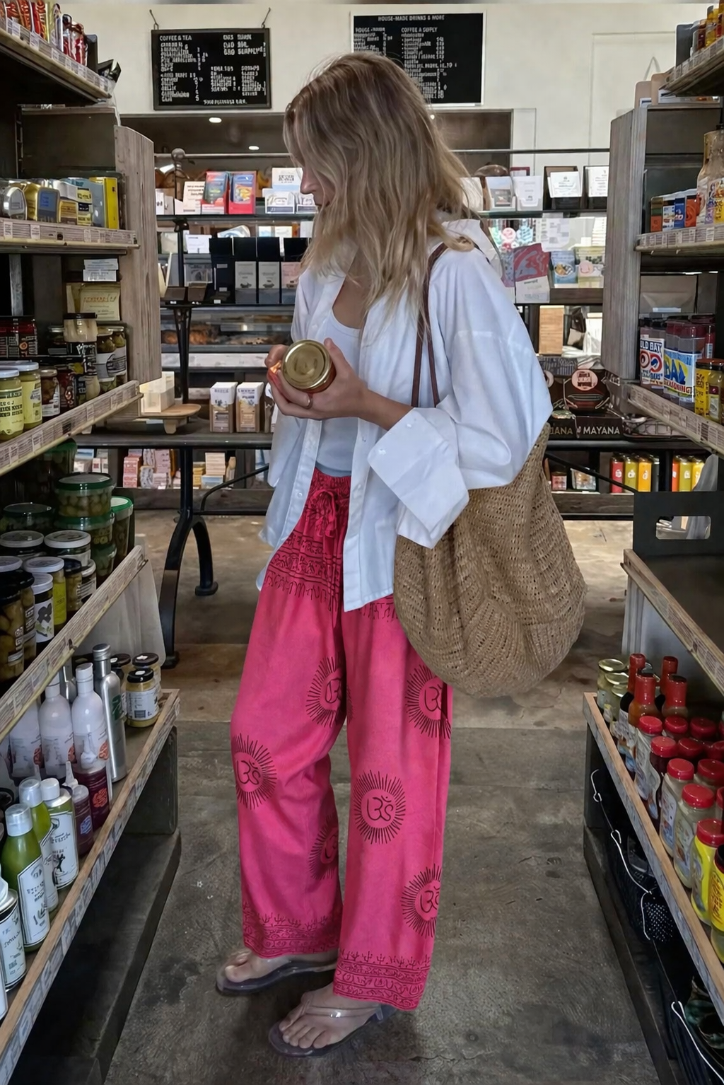 Pembe el baskı pantolon, doğal malzemelerle üretilmiş, geleneksel desenlerle süslü, sürdürülebilir moda