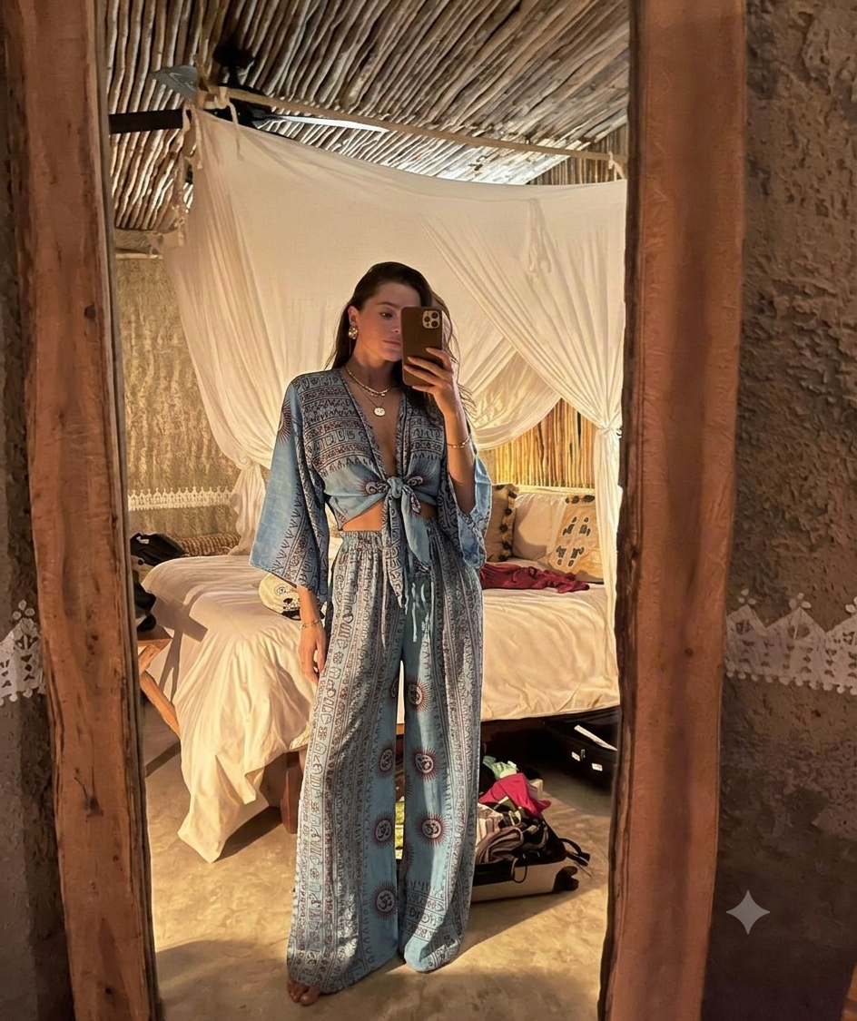 Mavi blok baskı desenli elbise ve pantolon takımı, doğal malzemelerle tasarlanmış boho tarzı giyim